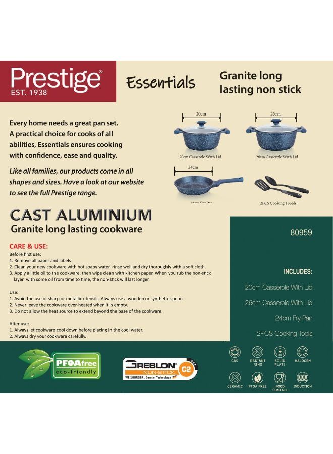 Prestige Essentials Granite 7 Piece Non-Stick Cast Aluminium Cookware sets | Induction Base | Non Stick Aluminium | Granite Casserole | Granite Fry Pan Blue - Image 4