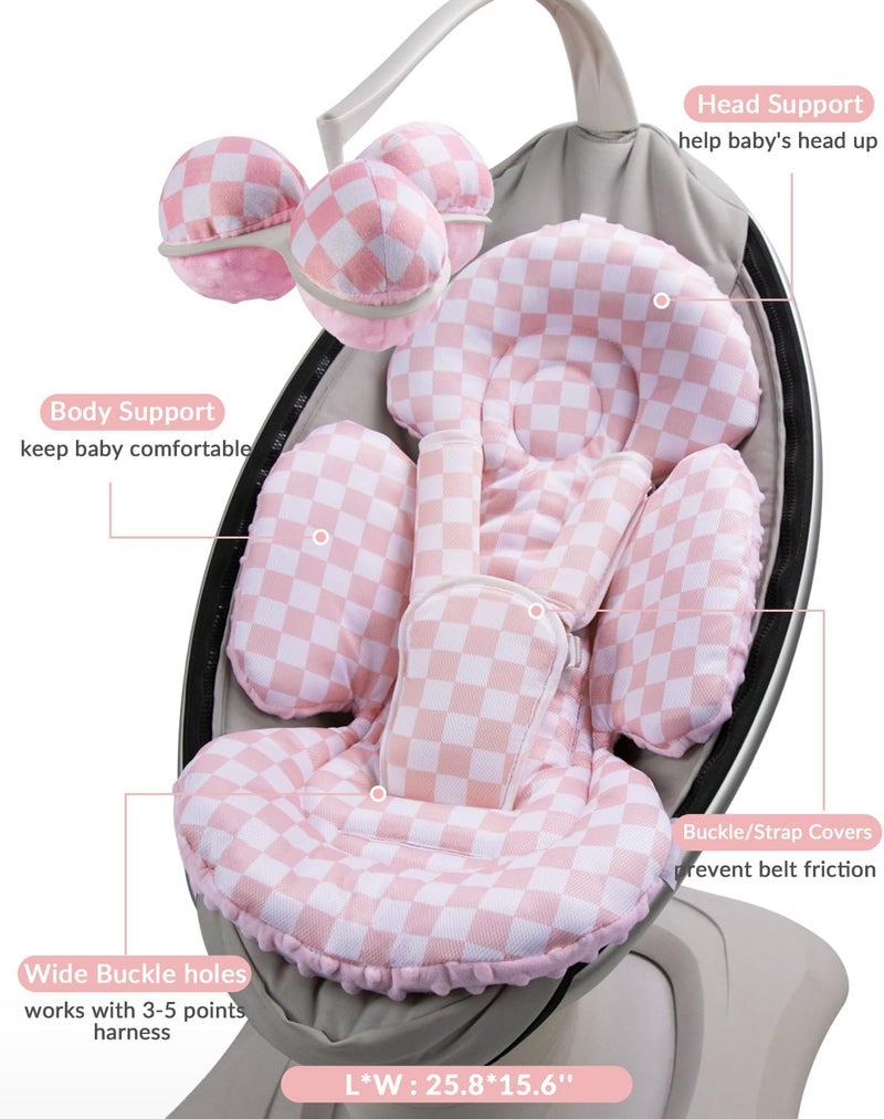 وسادة للرضع متوافقة مع أرجوحة 4moms Mamaroo ومقعد السيارة للرضع، تشمل 3 كرات بديلة، وسادة قابلة للتحويل للأطفال حديثي الولادة للاستخدام في الأرجوحة أو عربة الأطفال أو الكراسي المرتدة، مصنوعة من قماش ناعم بنقوش وردية مرقطة. - Image 3