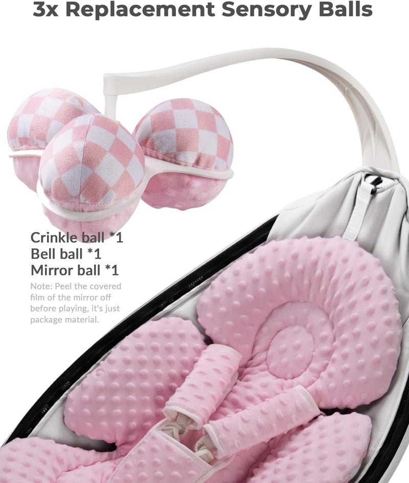 وسادة للرضع متوافقة مع أرجوحة 4moms Mamaroo ومقعد السيارة للرضع، تشمل 3 كرات بديلة، وسادة قابلة للتحويل للأطفال حديثي الولادة للاستخدام في الأرجوحة أو عربة الأطفال أو الكراسي المرتدة، مصنوعة من قماش ناعم بنقوش وردية مرقطة. - Image 4