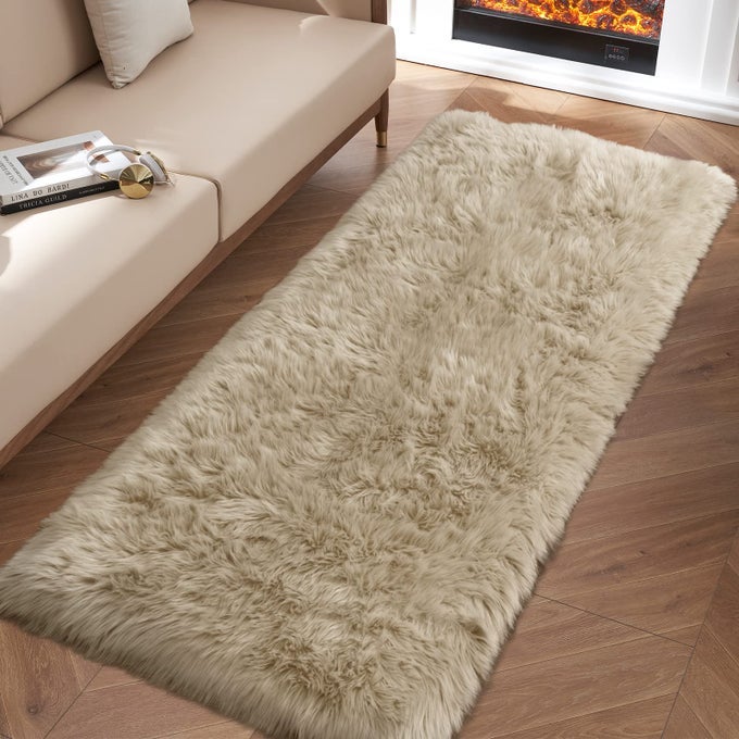 BEIGE FLUFFY RUG FOR BEDROOM 2X6 FAUX FUR RUG FOR RUNNER SOFT SHAG RUG FOR SOFA COUCH CUSHION COZY SHAGGY FUZZY PLUSH FLOOR CARPET FOR NURSERY CUTE BEDSIDE DORM HOME DECOR RECTANGLE