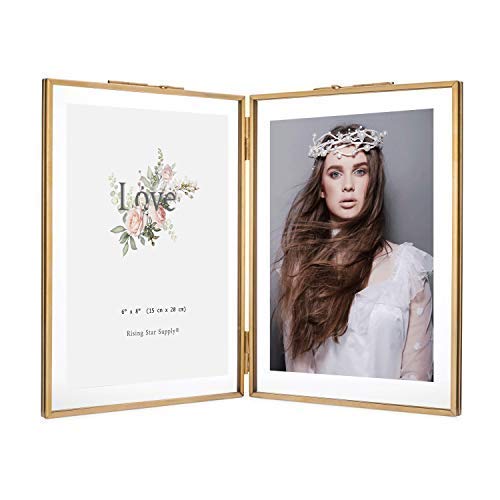 Rising Star Brass Frame Double 6x8 Folding Picture Frames Gold Metal Pressed Glass Photo Frame