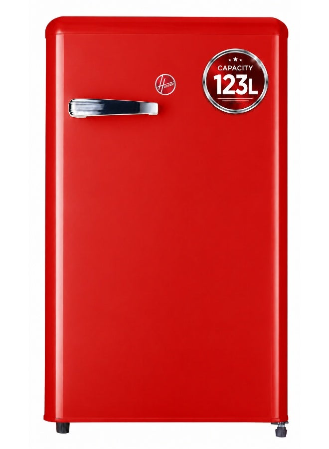 HOOVER 123L Retro Style Single Door Refrigerator, Compact Free Standing Fridge with Freezer, Tempered Glass Shelves, Adjustable Thermostat, Eco-Friendly, 1 Year Warranty, Red- HSD-K123R 123 L HSD-K123R Red - Image 1