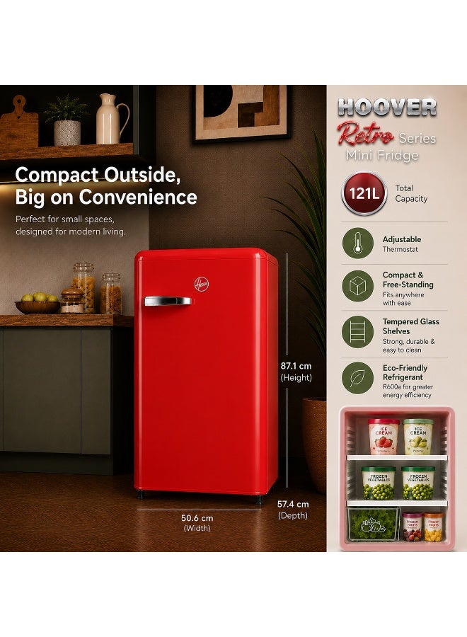HOOVER 123L Retro Style Single Door Refrigerator, Compact Free Standing Fridge with Freezer, Tempered Glass Shelves, Adjustable Thermostat, Eco-Friendly, 1 Year Warranty, Red- HSD-K123R 123 L HSD-K123R Red - Image 2
