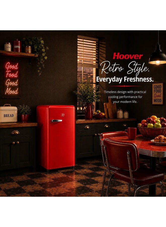 HOOVER 123L Retro Style Single Door Refrigerator, Compact Free Standing Fridge with Freezer, Tempered Glass Shelves, Adjustable Thermostat, Eco-Friendly, 1 Year Warranty, Red- HSD-K123R 123 L HSD-K123R Red - Image 3