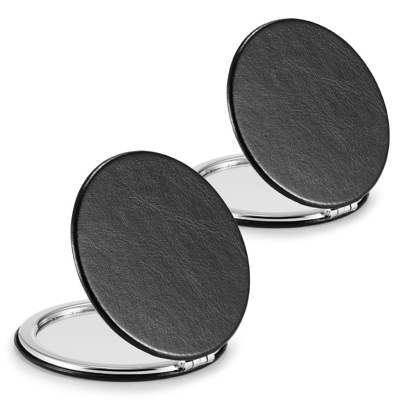 Getinbulk Compact MirrorSet of 2 Round DoubleSided Makeup Small Mirror for Purse with 1x3x Magnification PU Leather Black 28
