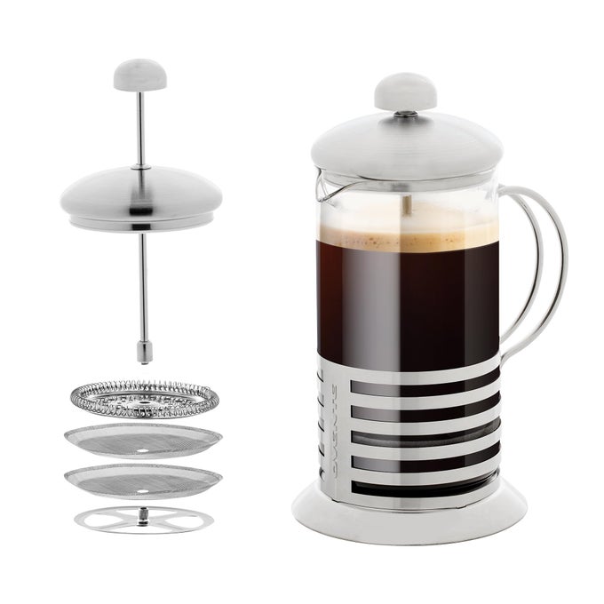 FRENCH PRESS COFFEE MAKER 20 OUNCE WITH HEAT RESISTANT BOROSILICATE GLASS STAINLESS STEEL DESIGN AND 4LEVEL FILTER SYSTEM PORTABLE COLD BREWER POT FOR TRAVEL CAMPING OR GIFT SILVER FSH20S