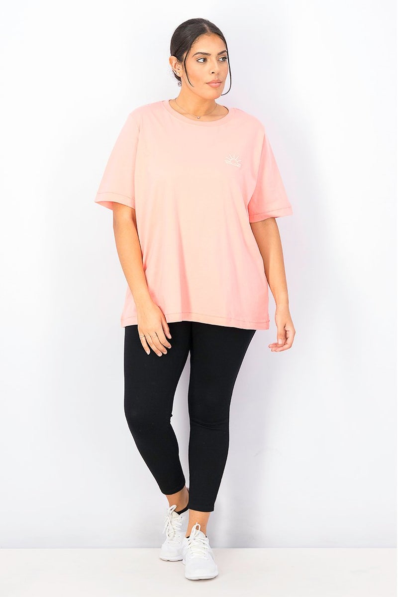 Tchibo Women Crew Neck Short Sleeve Embroidered Blouse, Coral - Image 4