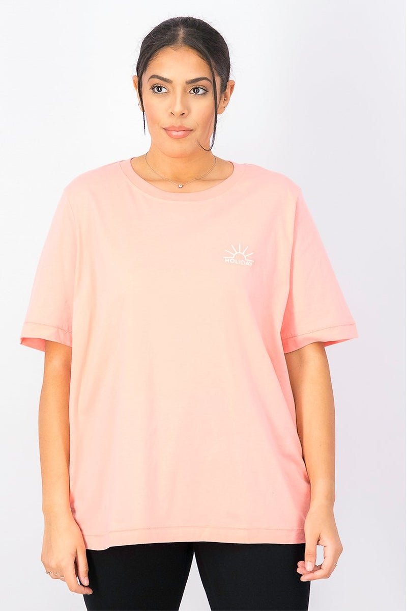 Tchibo Women Crew Neck Short Sleeve Embroidered Blouse, Coral - Image 1