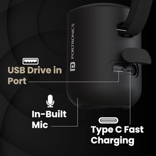 Portronics Soundpot 20W Wireless Bluetooth Portable Speaker with 360° immersive Sound, Upto 6 Hours Playtime, in Built Mic, TWS Mode, Easy Control, Strong Lanyard, Type C Fast Charging(Black) - Image 2