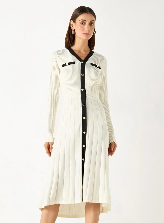 Iconic Textured A-line V-neck Dress with Long Sleeves