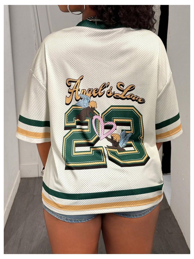 MakeMeChic Women's Football Jersey Shirts Soccer Jersey Number Oversized Y2K Tee Tops Green Beige Medium - Image 3