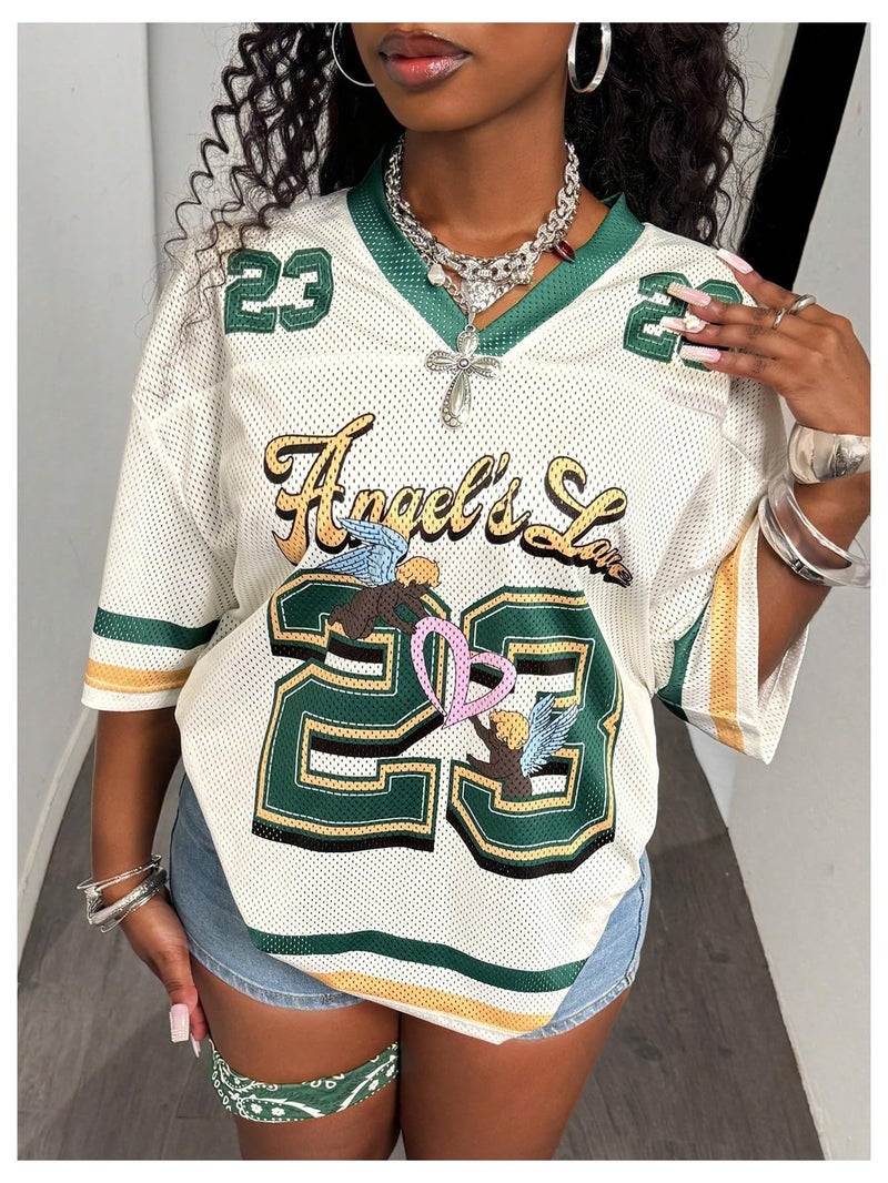MakeMeChic Women's Football Jersey Shirts Soccer Jersey Number Oversized Y2K Tee Tops Green Beige Medium - Image 5