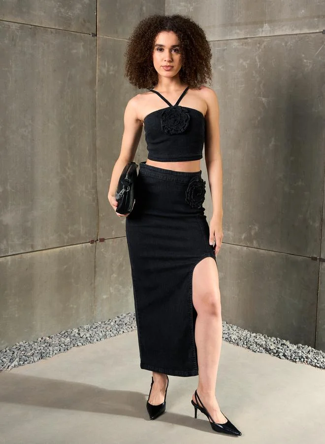 SASSAFRAS Sassafras Black Washed Denim Corsage Crop Top and Skirt Co-Ords