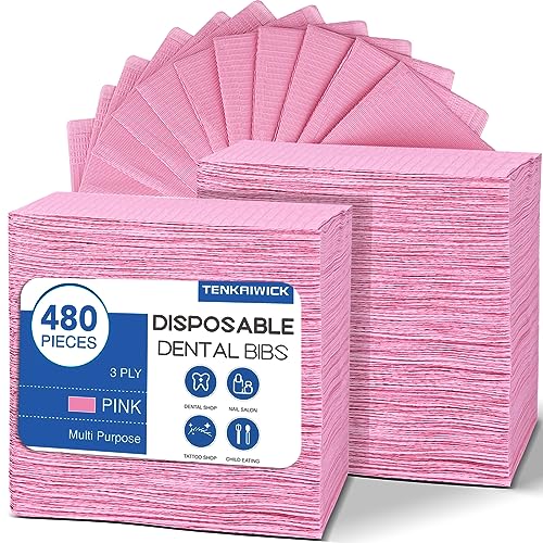 TENKAIWICK 480 Pack Disposable Dental Bibs 13"x18", 3-Ply Waterproof Tattoo Bibs Sheet for Nail Salon, Dental Clinic, Feeding, Tattoo Shop (Pink) - Image 1