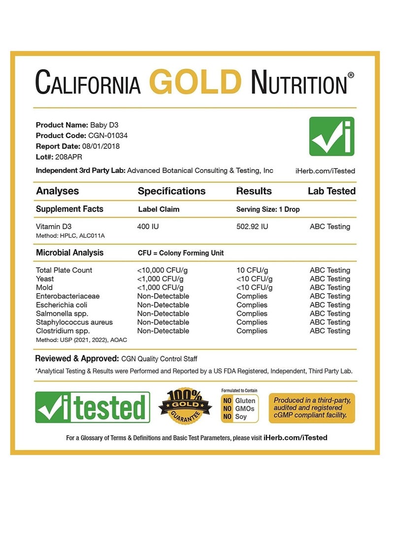 California Gold Nutrition Liquid Vitamin D3 Drops 400 Iu Dietary Supplement  - Image 3