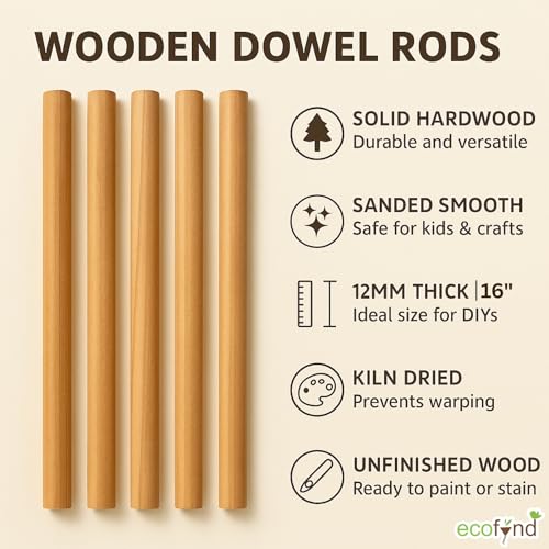 ecofynd 16 inches Wooden Dowel Rods, Pack of 10 | Wood Dowels | Solid Hardwood Sticks for Crafting, Cotton, DIY & More | Sanded Smooth, Kiln Dried, Natural Wood, Unfinished (10, 16 inches) - Image 4
