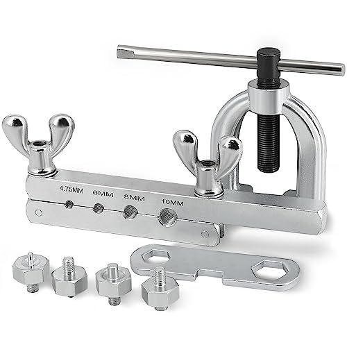 Flexzion DIN/ISO Bubble Flare Brake Line Flaring Tool Kit with 4.75 (CNF-3), 6 (CNF-4), 8, 10mm Adapters Dies Metric European Automotive Copper Steel Aluminum Fuel Hydraulic Tubing Fitting Set w/Case - Image 1