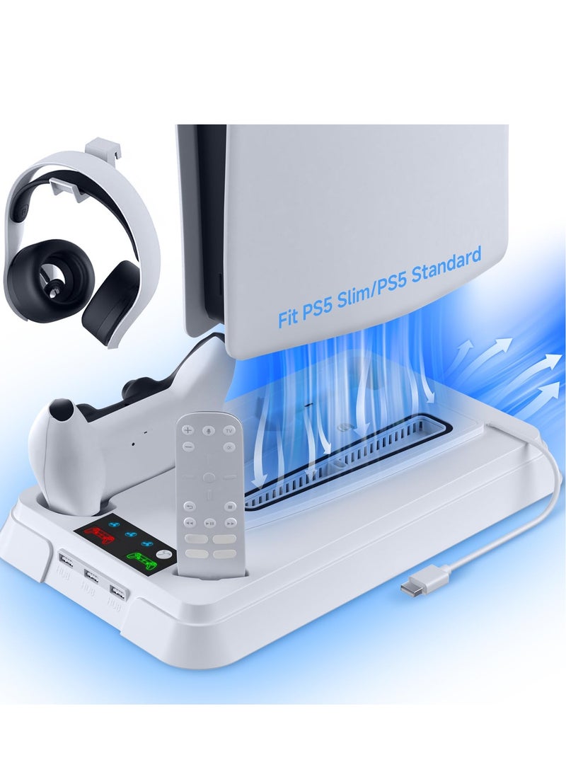 KASTWAVE PS5 Cooling Station, PS5 Stand for PS5 Slim Disc/PS5 Disc & Digital, 3-Level Cooler with 2 Controller Charger for PS5 Controller, PS5 Accessories with 3 HUBS-White - Image 1