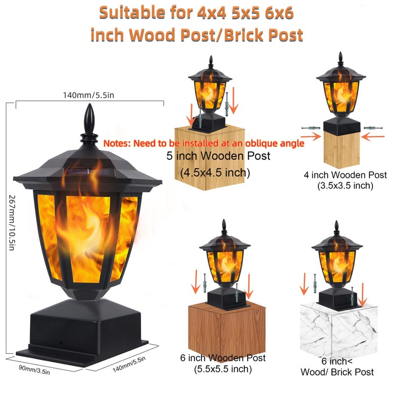 Dynaming Solar Flame Post Lights Outdoor, Solar Powered Lamps Fence Post Cap Lights, Flickering Flame LED Lantern Decorative Waterproof for Garden Deck Patio, Fit 4x4, 5x5 or 6x6 Wooden Posts, 2 Pack - Image 2