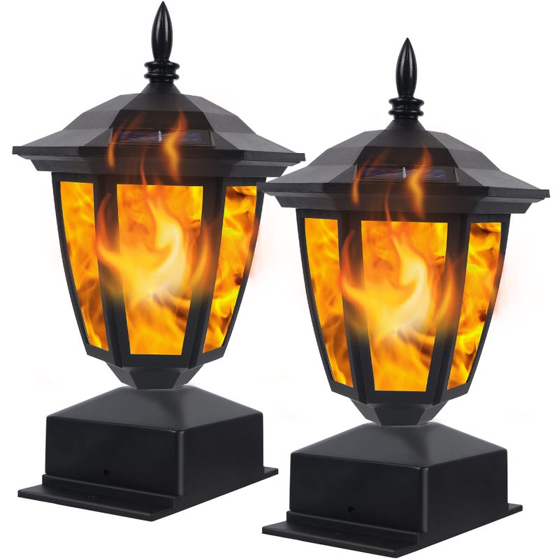 Dynaming Solar Flame Post Lights Outdoor, Solar Powered Lamps Fence Post Cap Lights, Flickering Flame LED Lantern Decorative Waterproof for Garden Deck Patio, Fit 4x4, 5x5 or 6x6 Wooden Posts, 2 Pack - Image 1