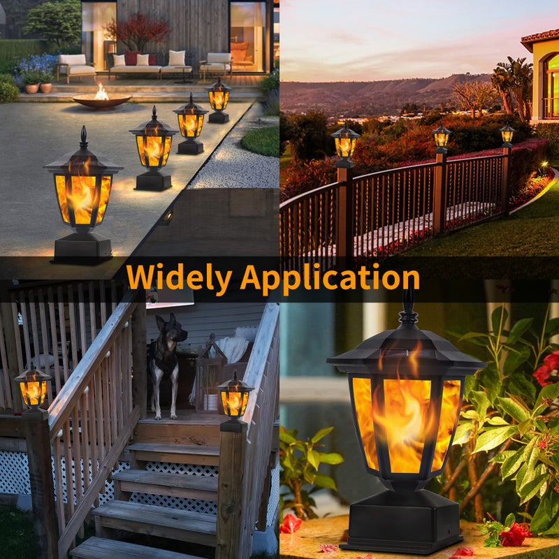 Dynaming Solar Flame Post Lights Outdoor, Solar Powered Lamps Fence Post Cap Lights, Flickering Flame LED Lantern Decorative Waterproof for Garden Deck Patio, Fit 4x4, 5x5 or 6x6 Wooden Posts, 2 Pack - Image 5