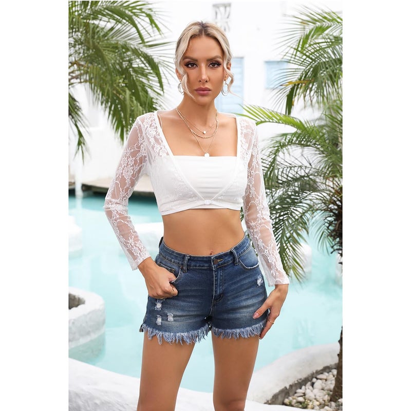 Malarocoby Women's Crop Top Long Sleeve Shrug Lace Short Blouse Shrug Open Front Elastic Sexy Lace Lining Cardigan Sheer Cover Up White - Image 2