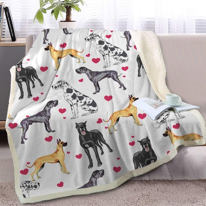 GREAT DANE DOG BLANKET RED HEART PUPPY PRINT SHERPA FLEECE THROW BLANKET FUNNY DOG PORTRAIT PLUSH BLANKETS THROW 50 X 60 INCHES