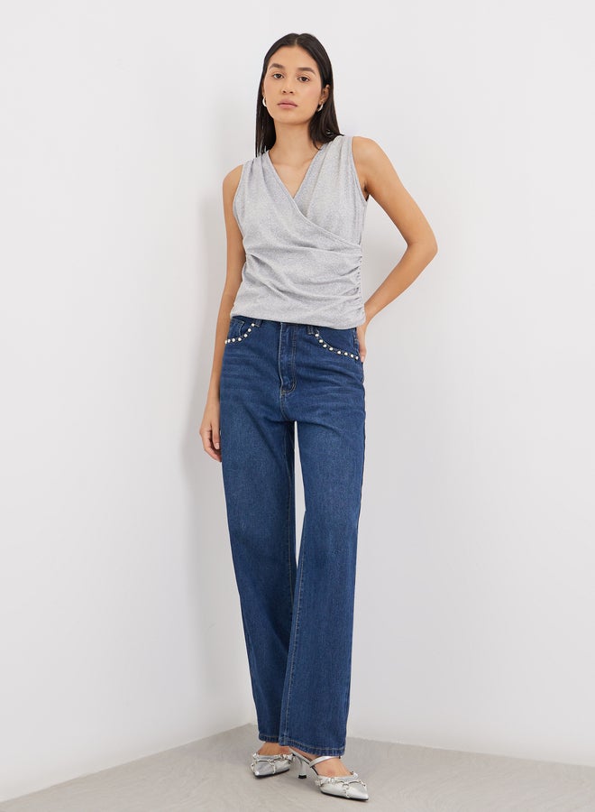 ستايلي بلوزة تريكو بدون أكمام بياقة على شكل حرف - Image 2