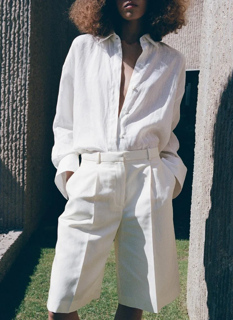 Mango 02-OFFWHITE Straight Linen Bermuda Shorts for Women | Best Price UAE