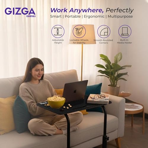 Gizga Essentials Gizga Premium Height Adjustable Laptop Table for WFH, Bed, Sofa, Office| Foldable & Portable MDF Wooden Desk| Ergonomic Trolley Table with Wheels Lock, Heavy Duty Rust Proof Metal Frame (Carbon Fibre) - Image 2