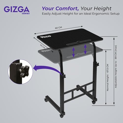 Gizga Essentials Gizga Premium Height Adjustable Laptop Table for WFH, Bed, Sofa, Office| Foldable & Portable MDF Wooden Desk| Ergonomic Trolley Table with Wheels Lock, Heavy Duty Rust Proof Metal Frame (Carbon Fibre) - Image 3