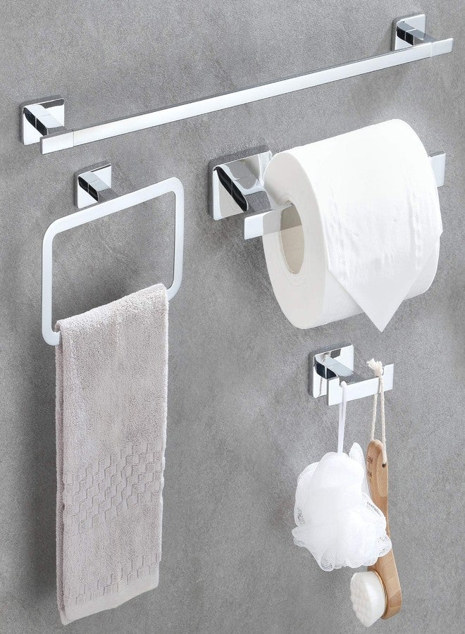 GERUIKE 4 Piece Bathroom Hardware Accessories Set,Chrome Stainless Steel Towel Bar Sets Wall Mounted - Includes 16" Towel Bar, Square Towel Ring, Toilet Paper Holder, Robe Towel Hook - Image 1