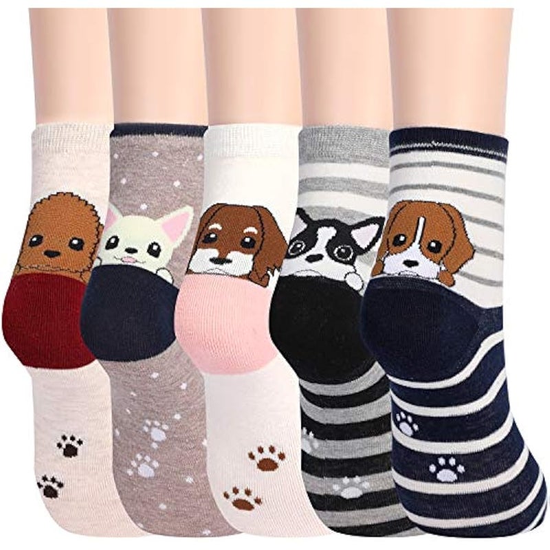 Women's Funny Dog Socks Cotton Fun Novelty Cute Pack of 5 - Image 1