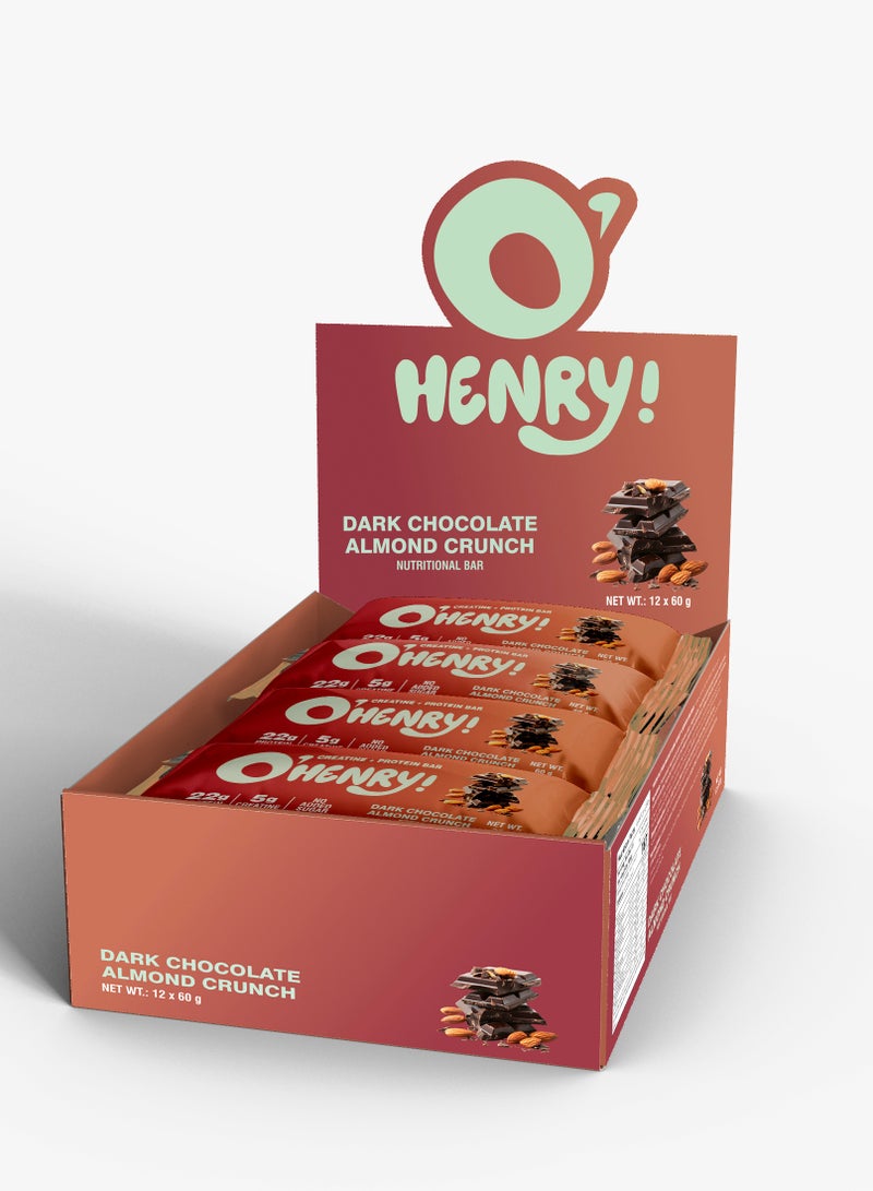 O'HENRY NUTRITION Creatine + Protein Bar - Dark Chocolate Almond Crunch, No Added Sugar, 22g Protein, Pack of 12 (60g Each) - Image 1