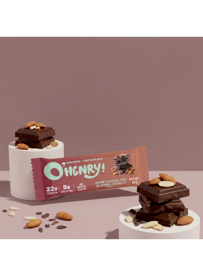 O'HENRY NUTRITION Creatine + Protein Bar - Dark Chocolate Almond Crunch, No Added Sugar, 22g Protein, Pack of 12 (60g Each) - Image 4