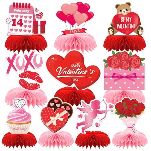 DTOFOOT 10 Pcs Valentine Honeycomb Centerpieces for TableValentines Day Table Centerpiece Decoration Pink Heart Table Topper Decor for Birthday Valentine Day Wedding Party Supplies - Image 1