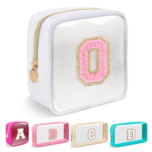 Iqimott Mini Clear Personalized Initial Makeup BagSmall Nylon Waterproof Zip Beach Cosmetic PouchPreppy AZ Chenille Letter Patch Cute Coin Purse Travel Toiletry Bag Car Pack Bag for WomenWhitePink O - Image 1