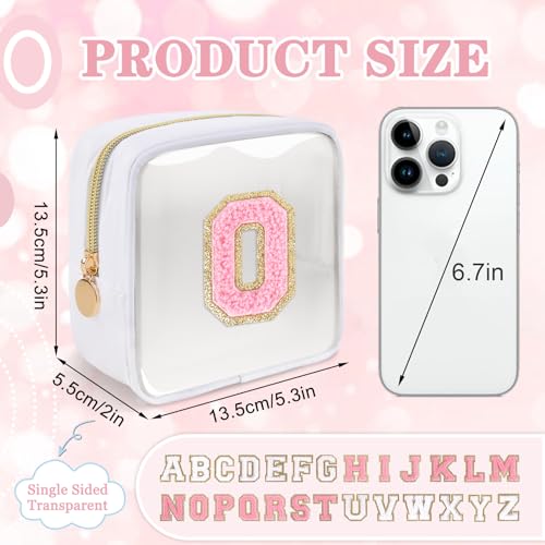 Iqimott Mini Clear Personalized Initial Makeup BagSmall Nylon Waterproof Zip Beach Cosmetic PouchPreppy AZ Chenille Letter Patch Cute Coin Purse Travel Toiletry Bag Car Pack Bag for WomenWhitePink O - Image 3