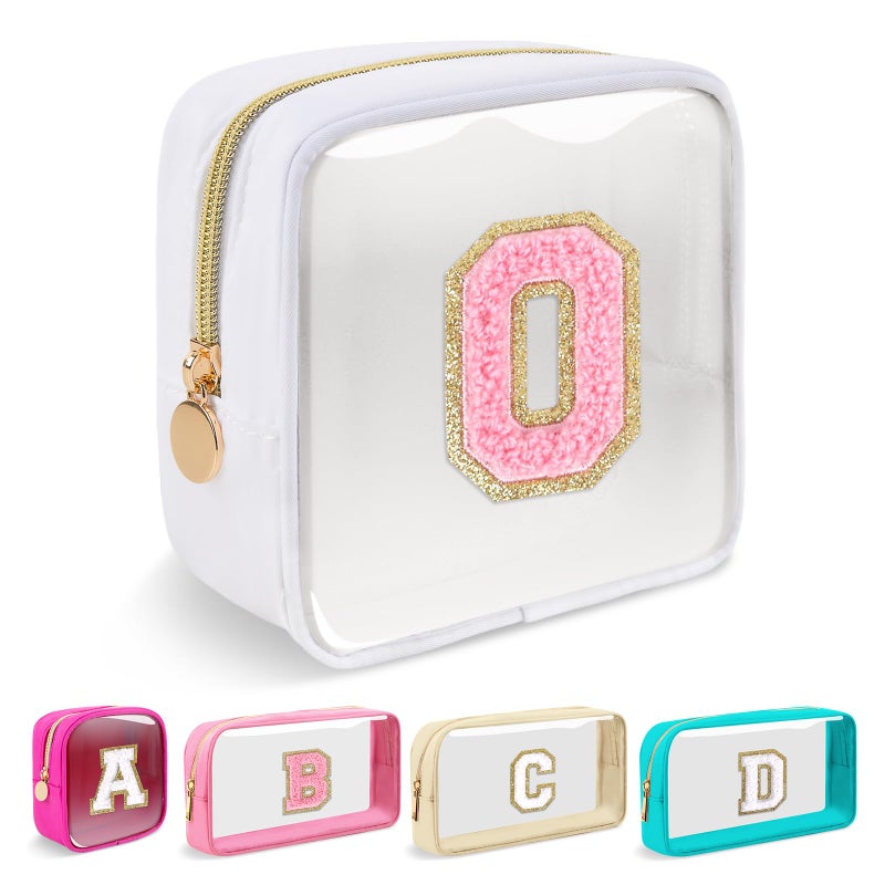 Iqimott Mini Clear Personalized Initial Makeup BagSmall Nylon Waterproof Zip Beach Cosmetic PouchPreppy AZ Chenille Letter Patch Cute Coin Purse Travel Toiletry Bag Car Pack Bag for WomenWhitePink O - Image 2