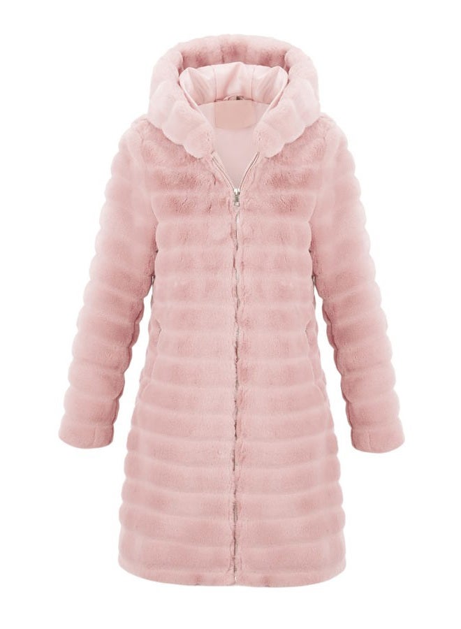 RISISSIDA Women Long Faux Fur Coat Fuzzy Jacket with Hood Fleece Winter Fall Thermal Shearling Warm Fluffy Furry Overcoat L Pink 120757A M - Image 1