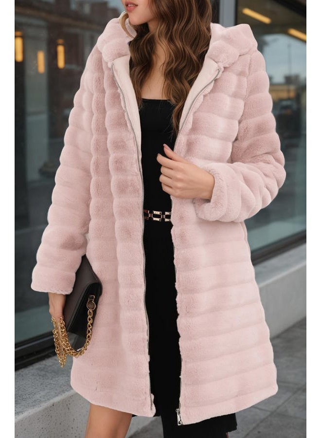 RISISSIDA Women Long Faux Fur Coat Fuzzy Jacket with Hood Fleece Winter Fall Thermal Shearling Warm Fluffy Furry Overcoat L Pink 120757A M - Image 2