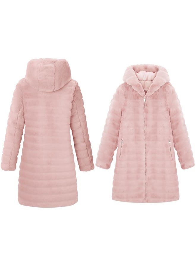 RISISSIDA Women Long Faux Fur Coat Fuzzy Jacket with Hood Fleece Winter Fall Thermal Shearling Warm Fluffy Furry Overcoat L Pink 120757A M - Image 3