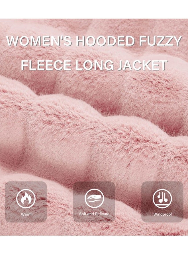 RISISSIDA Women Long Faux Fur Coat Fuzzy Jacket with Hood Fleece Winter Fall Thermal Shearling Warm Fluffy Furry Overcoat L Pink 120757A M - Image 4
