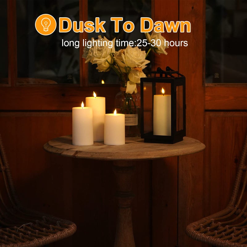 VIODAIM Solar Candles Outdoor Waterproof: Flameless Flickering Pillar LED Candles Set of 3 Dusk to Dawn Rechargeable Sensor Lights 3x4/5/6 Inch White - Image 5