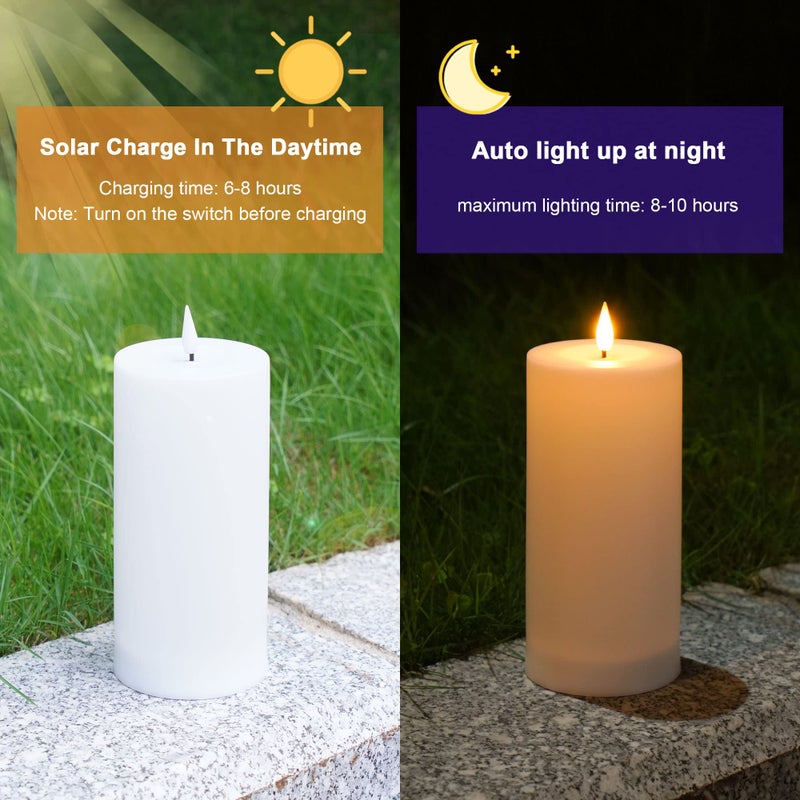 VIODAIM Solar Candles Outdoor Waterproof: Flameless Flickering Pillar LED Candles Set of 3 Dusk to Dawn Rechargeable Sensor Lights 3x4/5/6 Inch White - Image 2