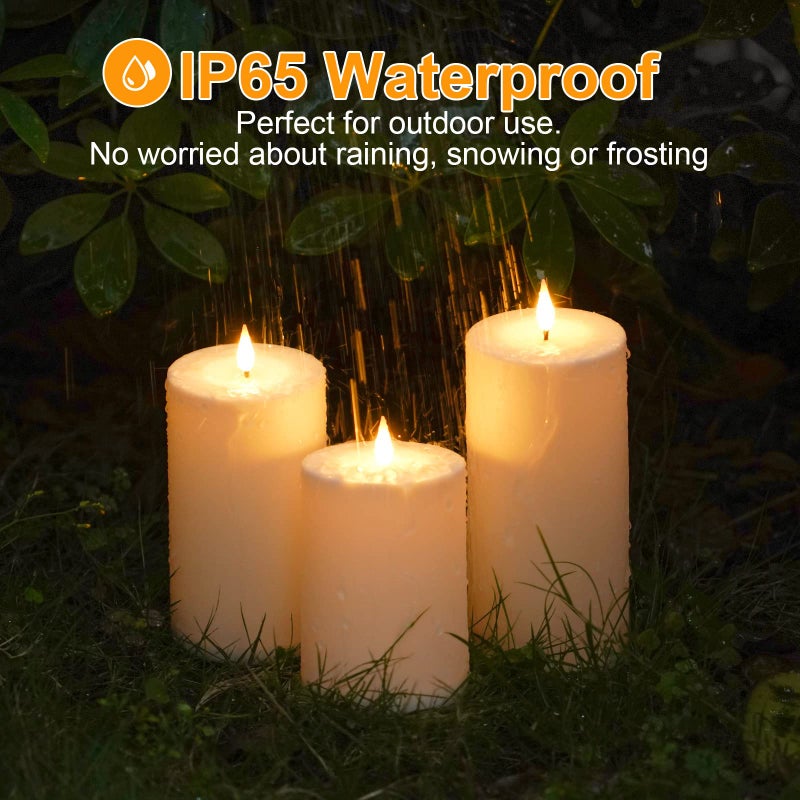 VIODAIM Solar Candles Outdoor Waterproof: Flameless Flickering Pillar LED Candles Set of 3 Dusk to Dawn Rechargeable Sensor Lights 3x4/5/6 Inch White - Image 3