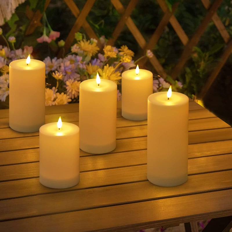 VIODAIM Solar Candles Outdoor Waterproof: Flameless Flickering Pillar LED Candles Set of 3 Dusk to Dawn Rechargeable Sensor Lights 3x4/5/6 Inch White - Image 4