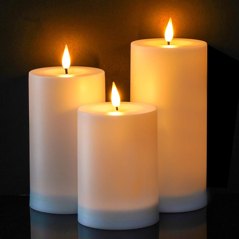 VIODAIM Solar Candles Outdoor Waterproof: Flameless Flickering Pillar LED Candles Set of 3 Dusk to Dawn Rechargeable Sensor Lights 3x4/5/6 Inch White - Image 1