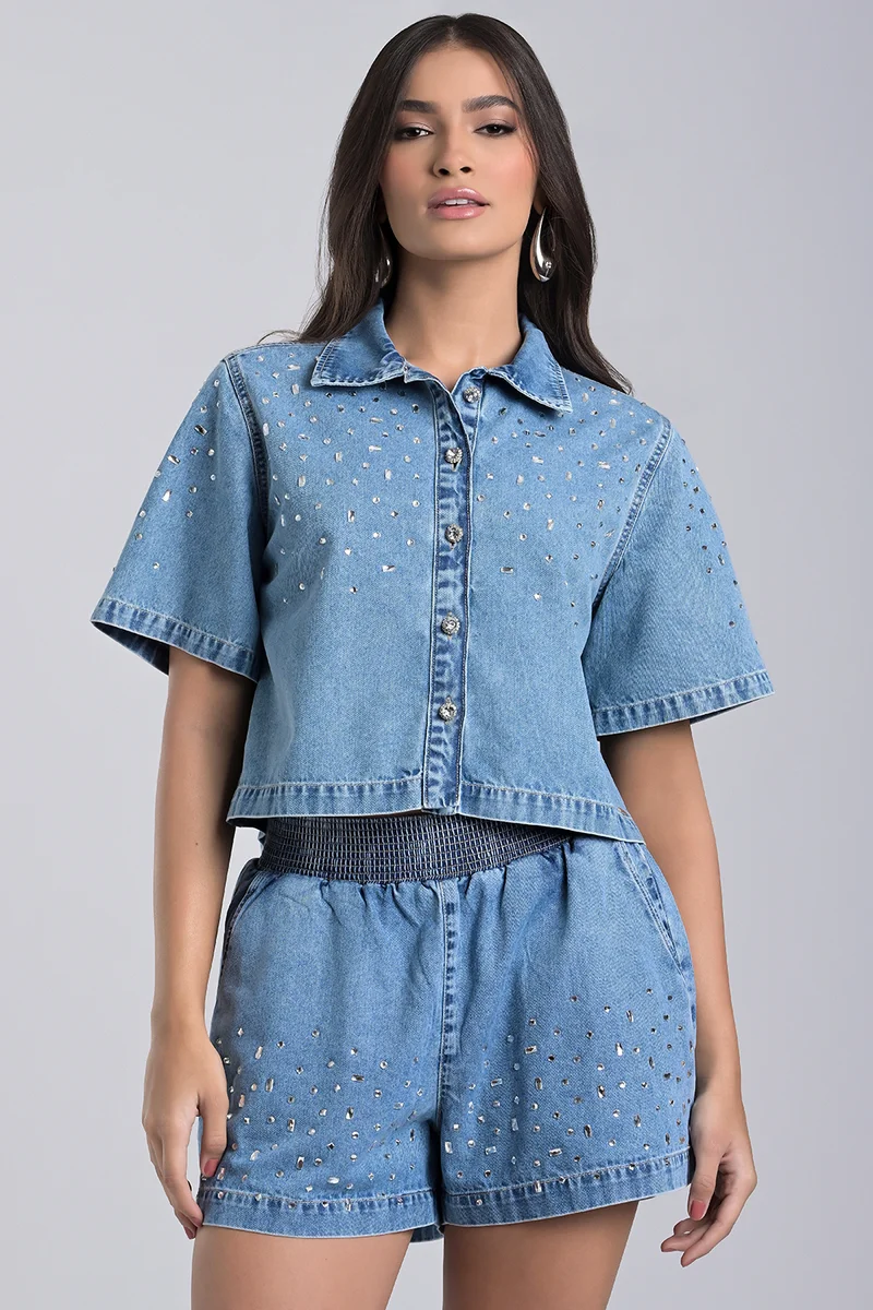 Cropped Jeans Shirt with Crystals