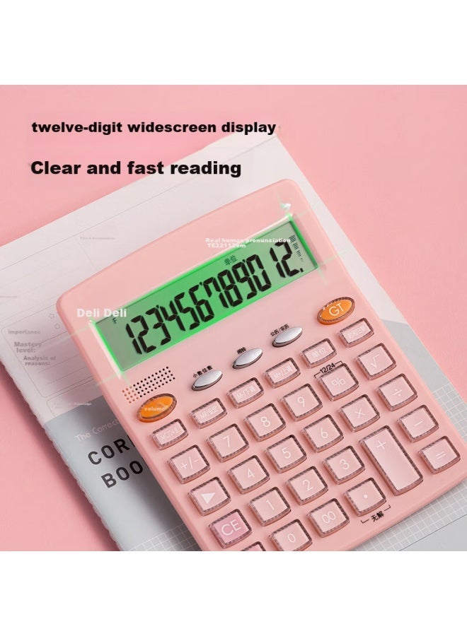 Deli Crystal Button Voice Calculator, 12-digit Display, With Alarm/timer Function, Financial Office Supplies, Te221 Fresh Pink - Image 2